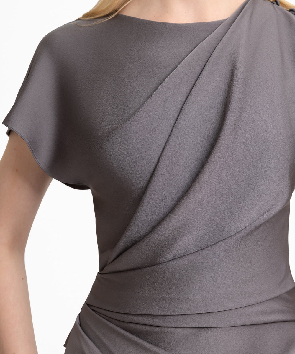 Grey Satin Cap‑Sleeve Draped Mermaid Formal Maxi Evening Gown