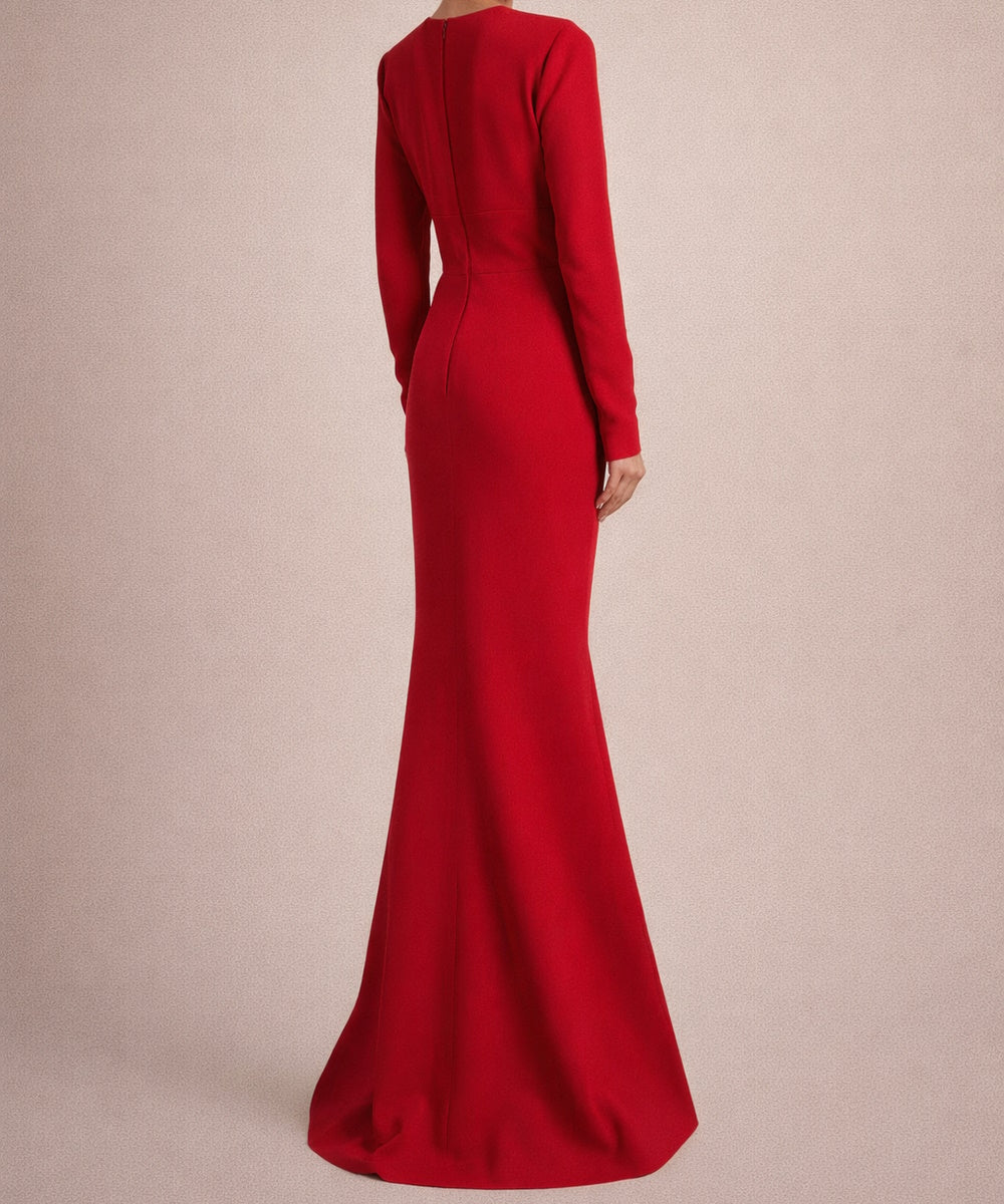 Red Deep V Double Bow Long Sleeve Mermaid Train Evening Gown