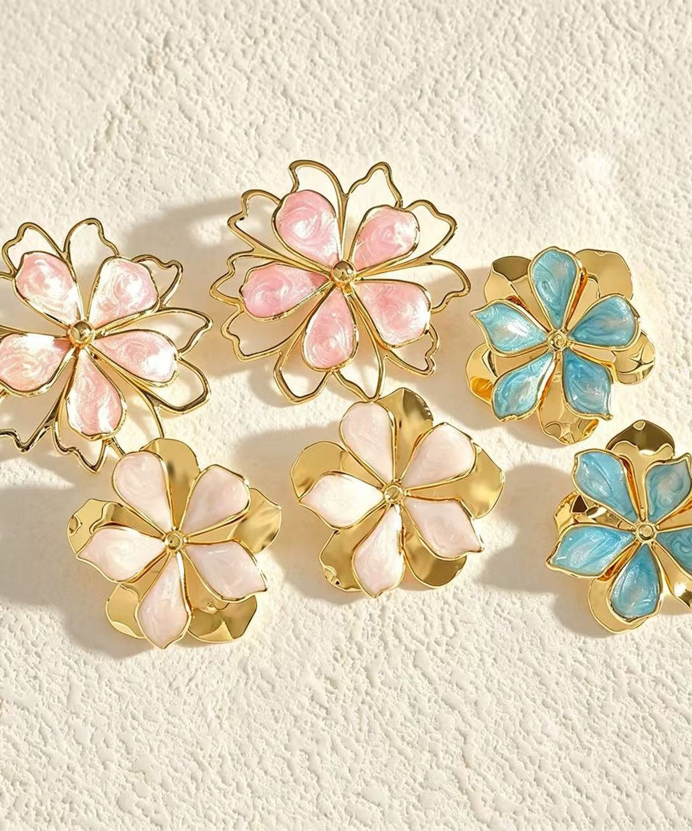 Two Layer Enamel Floral Gold Statement Stud Earrings Multi Pastel Colors
