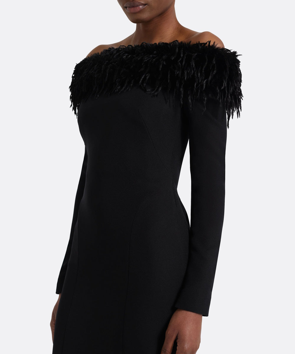 Black Off The Shoulder Feather Trim Long Sleeve Mermaid Evening Gown