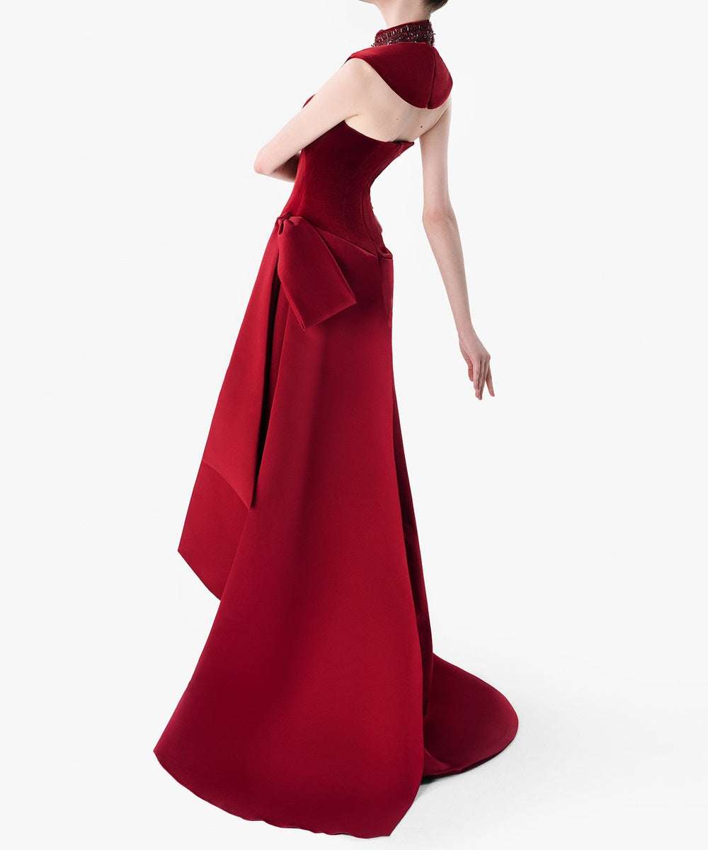 Burgundy Velvet Satin High Neck Beaded Mermaid Evening Gown With Side Bow Draping