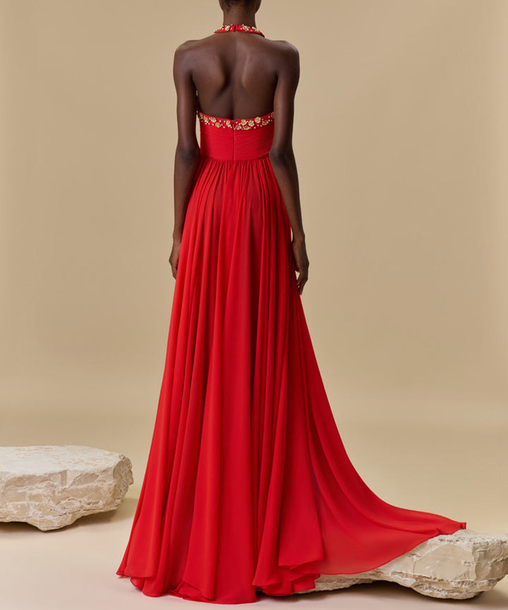 Halter Neck Red Chiffon Evening Dress With Gold Beaded Appliqués