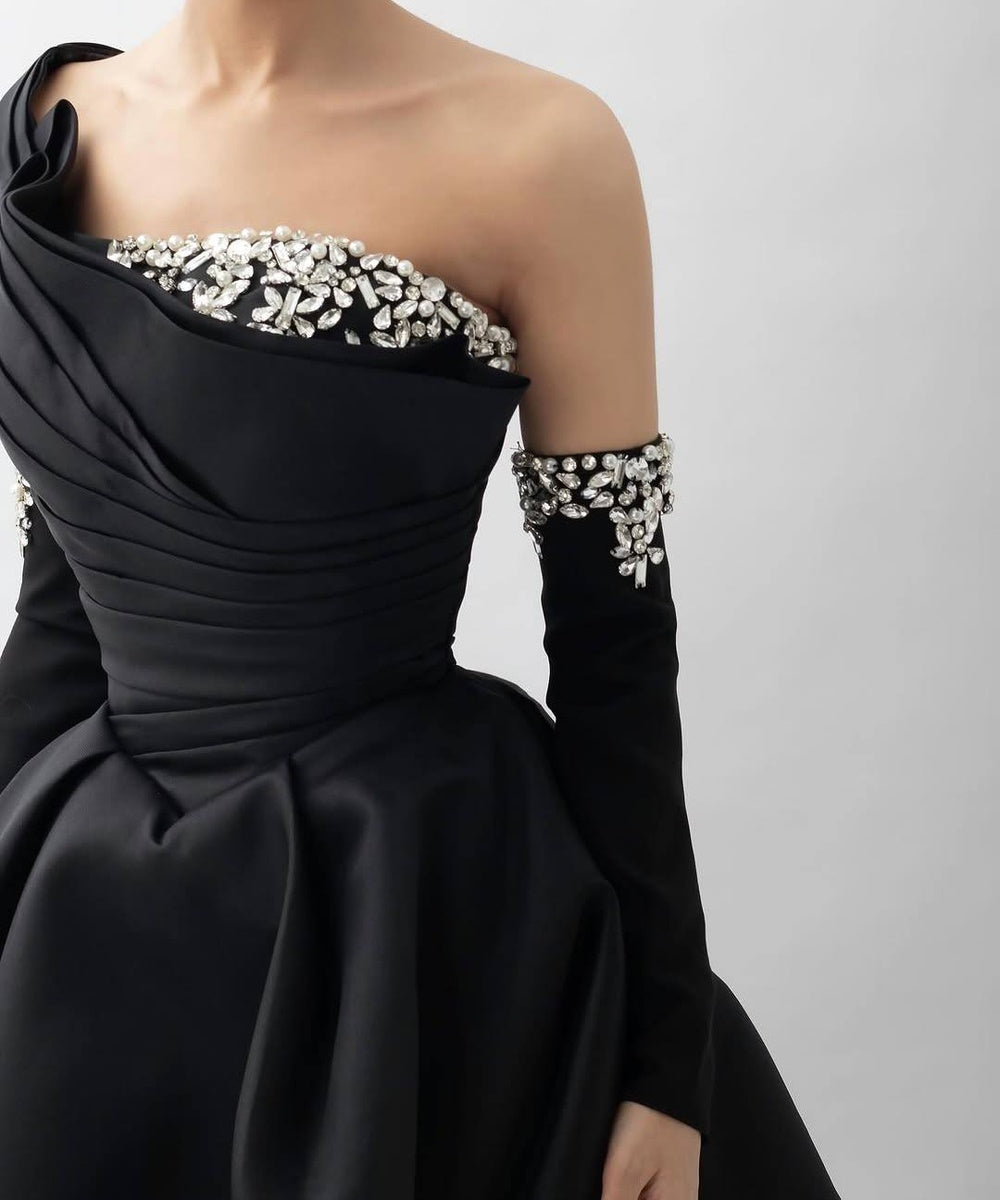 Black Satin One Shoulder Ruched Crystal Embellished Ball Gown With Detachable Arm Cuffs