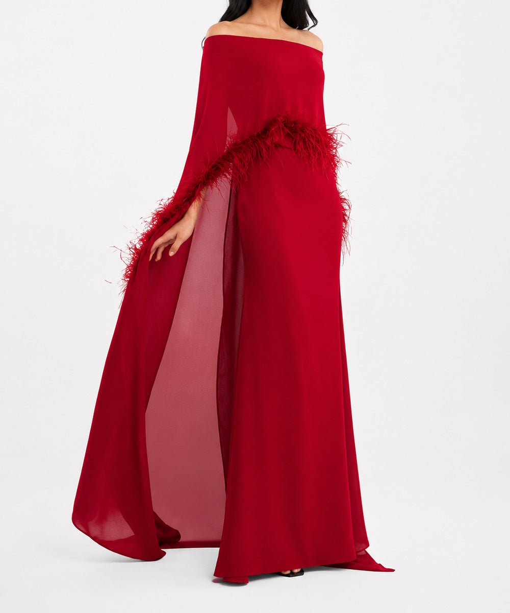 Burgundy Off Shoulder Mermaid Gown With Feather Trim Cape