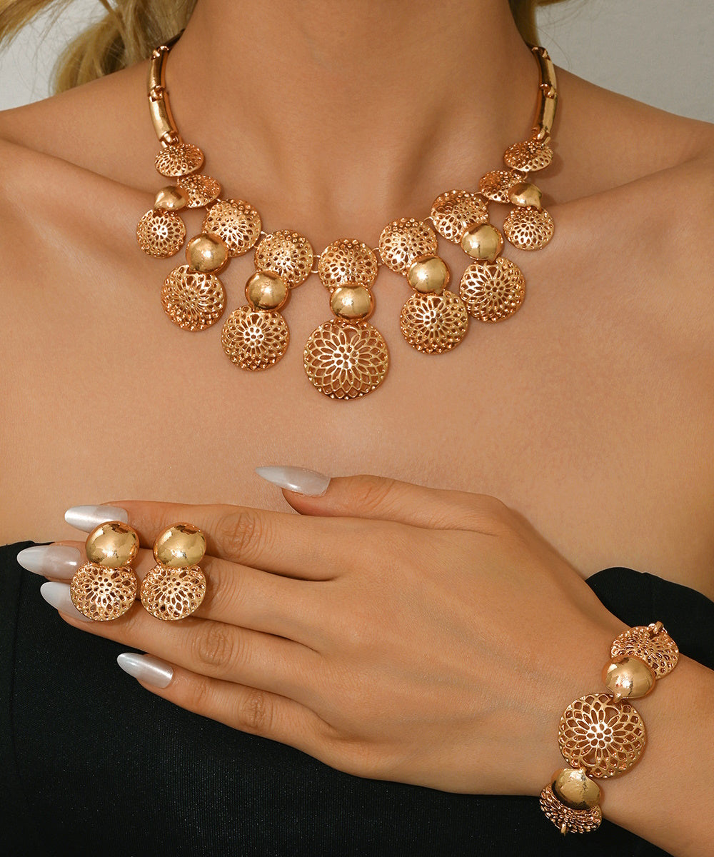 Vintage Gold Hollow Floral Disc Statement Jewelry Set 4 Pieces