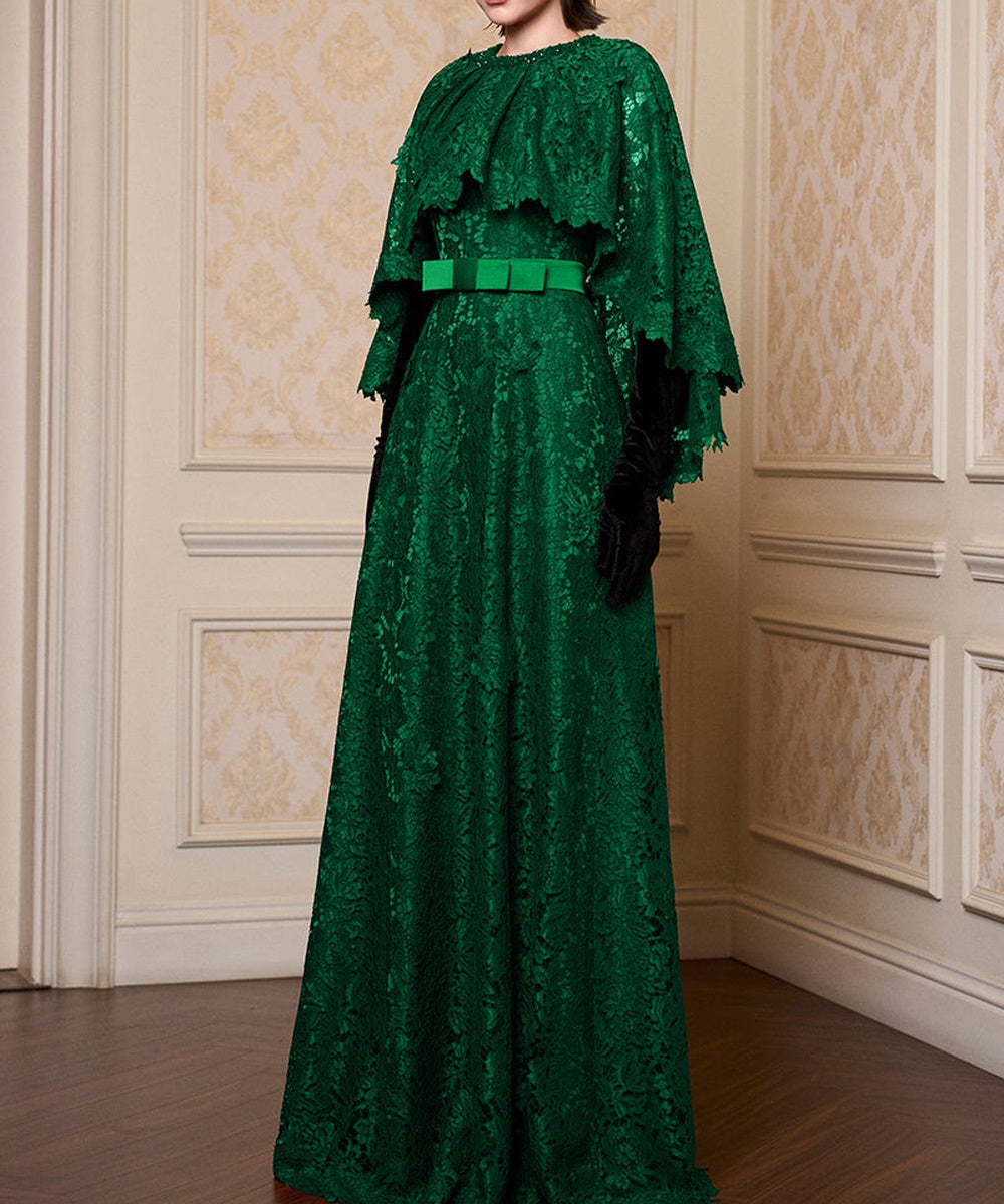 Emerald Green Lace Cape Maxi Formal Evening Gown With Belt