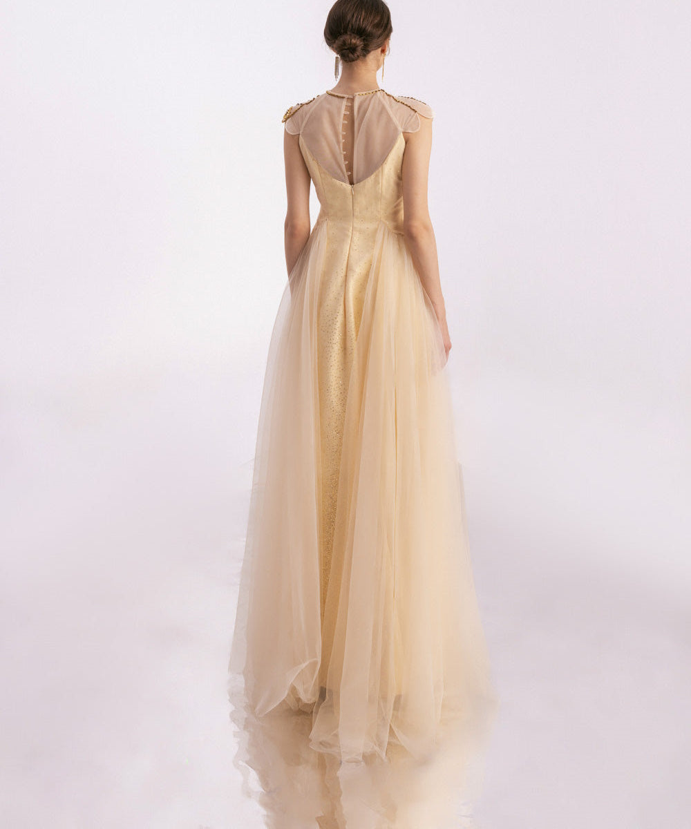 Champagne Sheer Neck Beaded Tulle A-Line Evening Gown