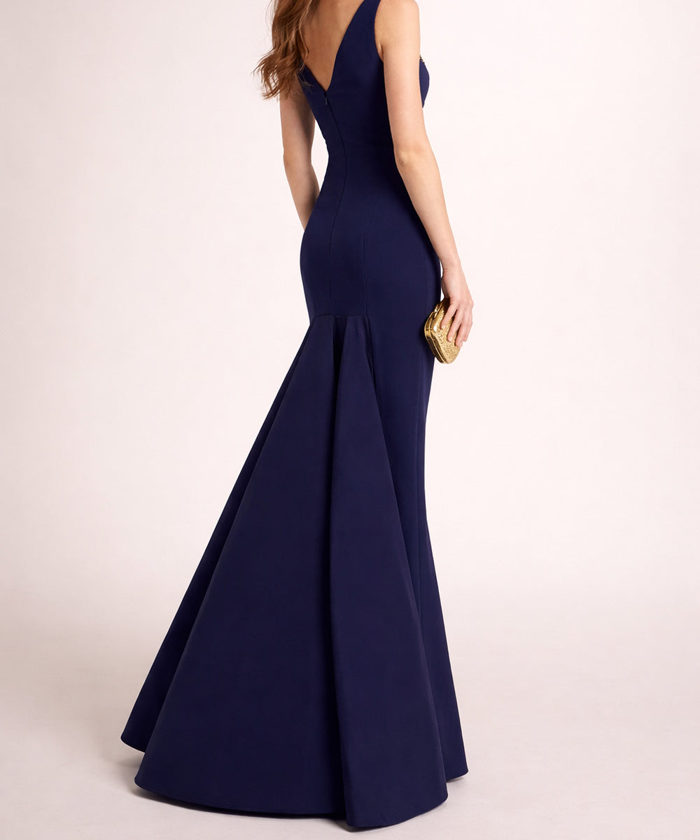 Navy Boat Neck Gold Beaded Strap Mermaid Maxi Evening Gown
