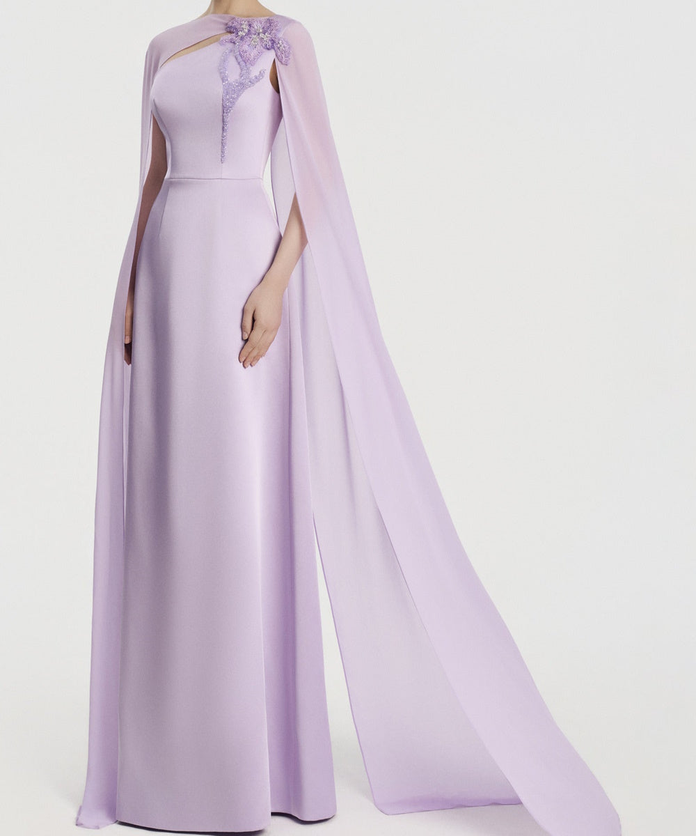 Lilac Cape Sleeve Beaded Floral Cutout Formal Evening Gown