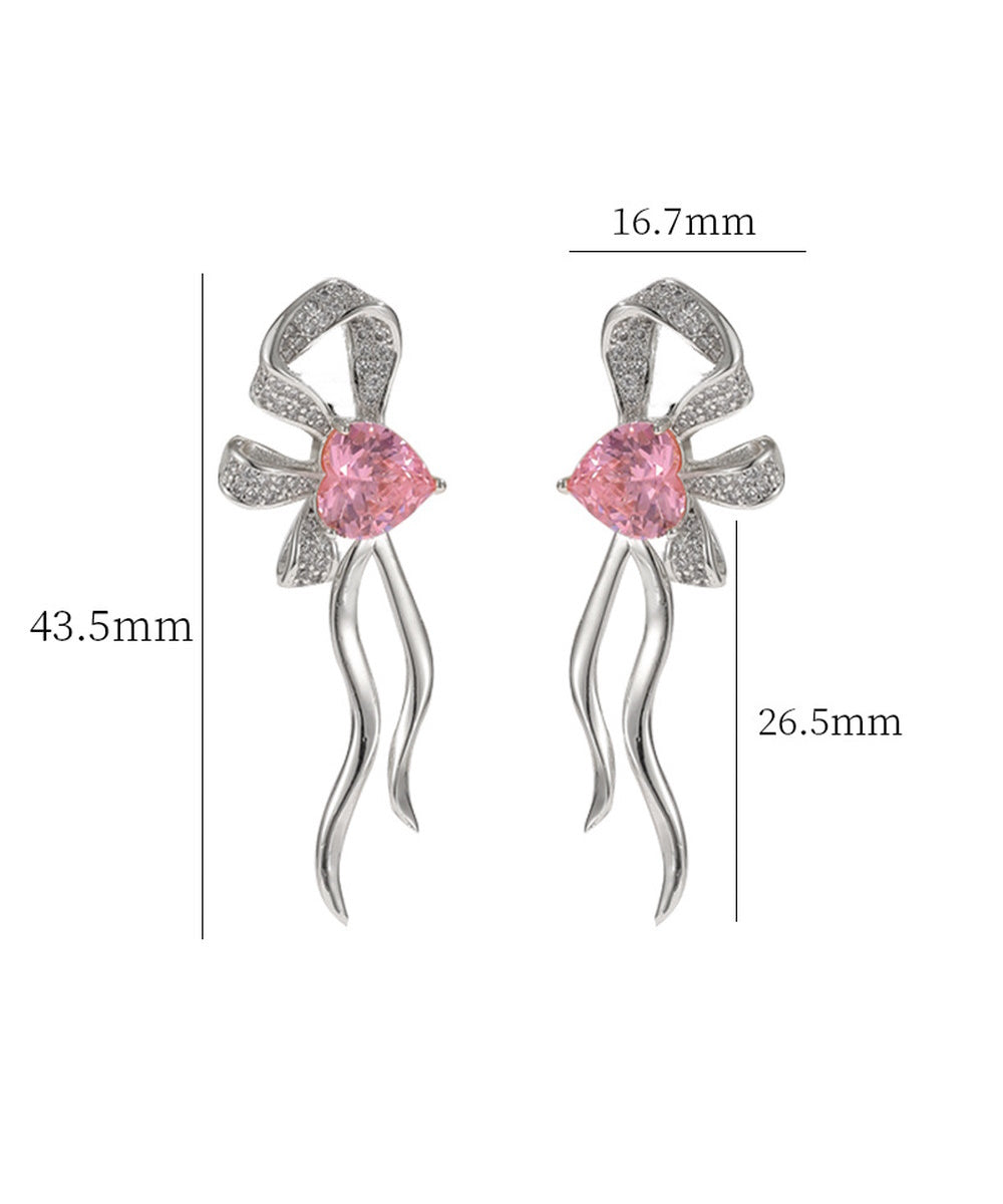 Pink Heart Crystal Pave Bow Wavy Ribbon Drop Dangle Earrings 2 Tone Gold Silver