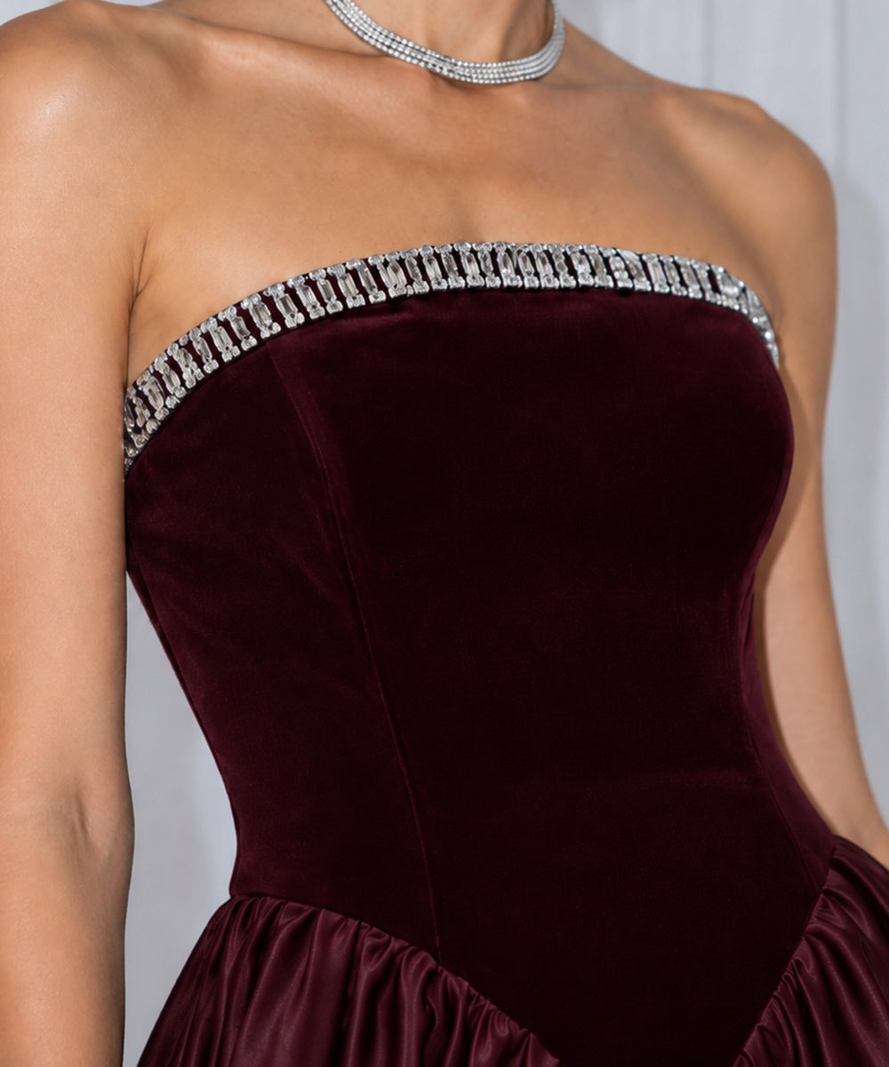 Burgundy Strapless Velvet & Satin Ball Gown with Rhinestone Trim
