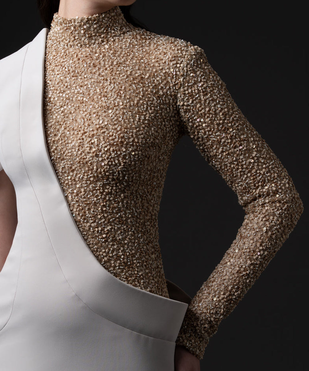 White Two Tone High Neck Gold Sequin Asymmetric Cape Sleeve Column Maxi Evening Gown