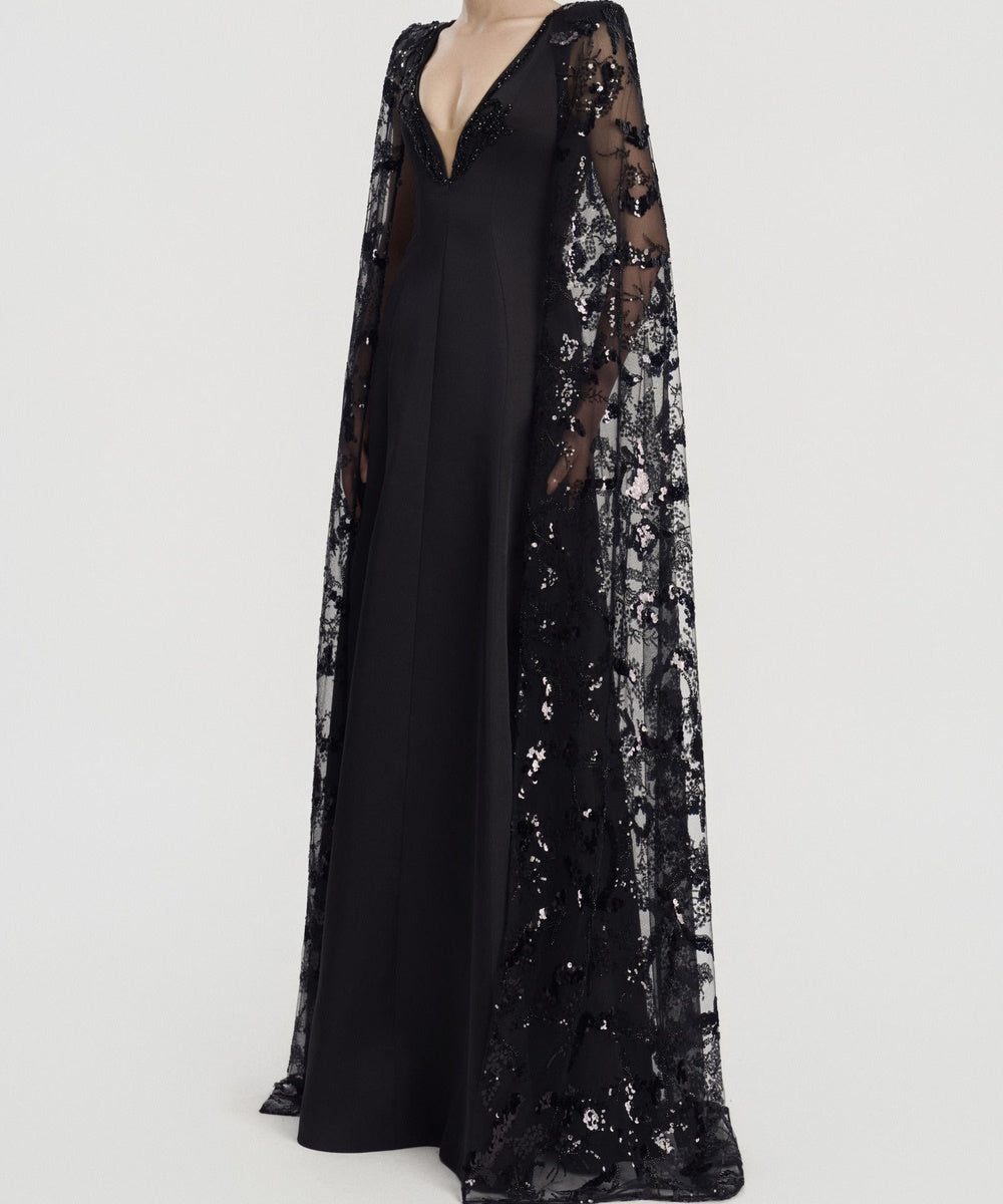 Black Deep V Lace Cape Sleeve A-Line Formal Evening Gown