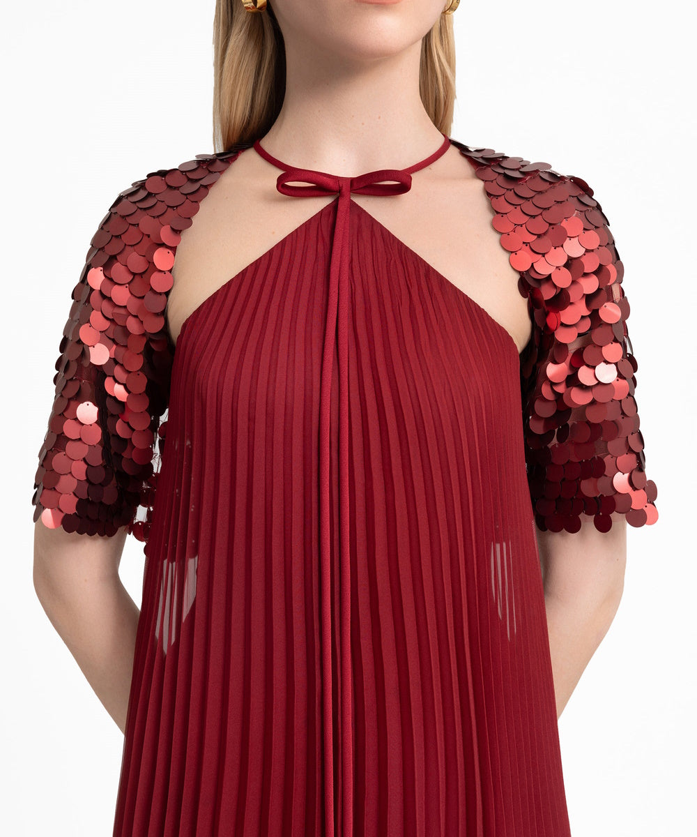 Burgundy Halter Pleated Chiffon Maxi Gown with Large Sequined Short Sleeve Cape