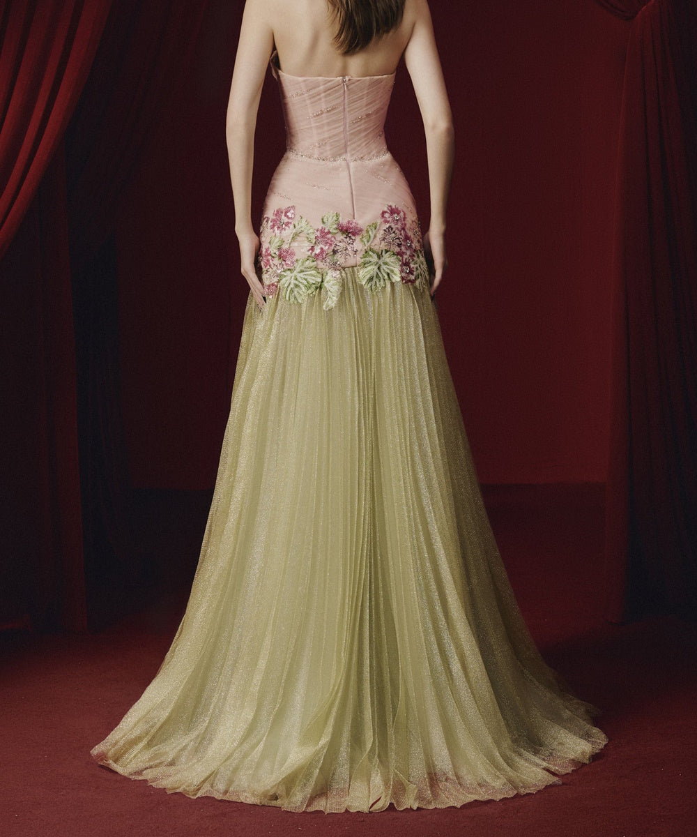 Pink Halter Floral Appliqué Tulle A-Line Formal Evening Gown