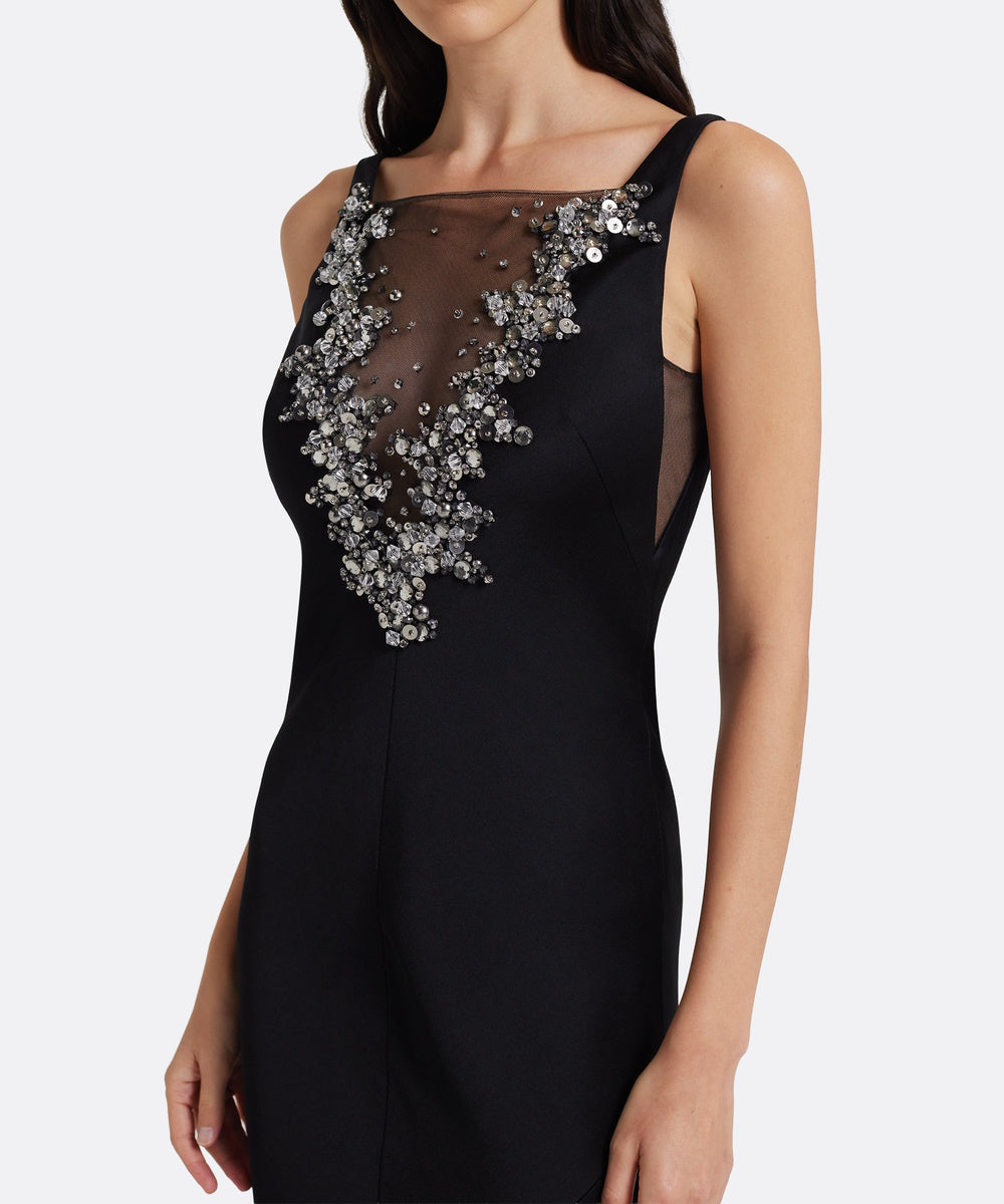 Black Sleeveless Beaded Mesh Illusion Mermaid Satin Evening Gown