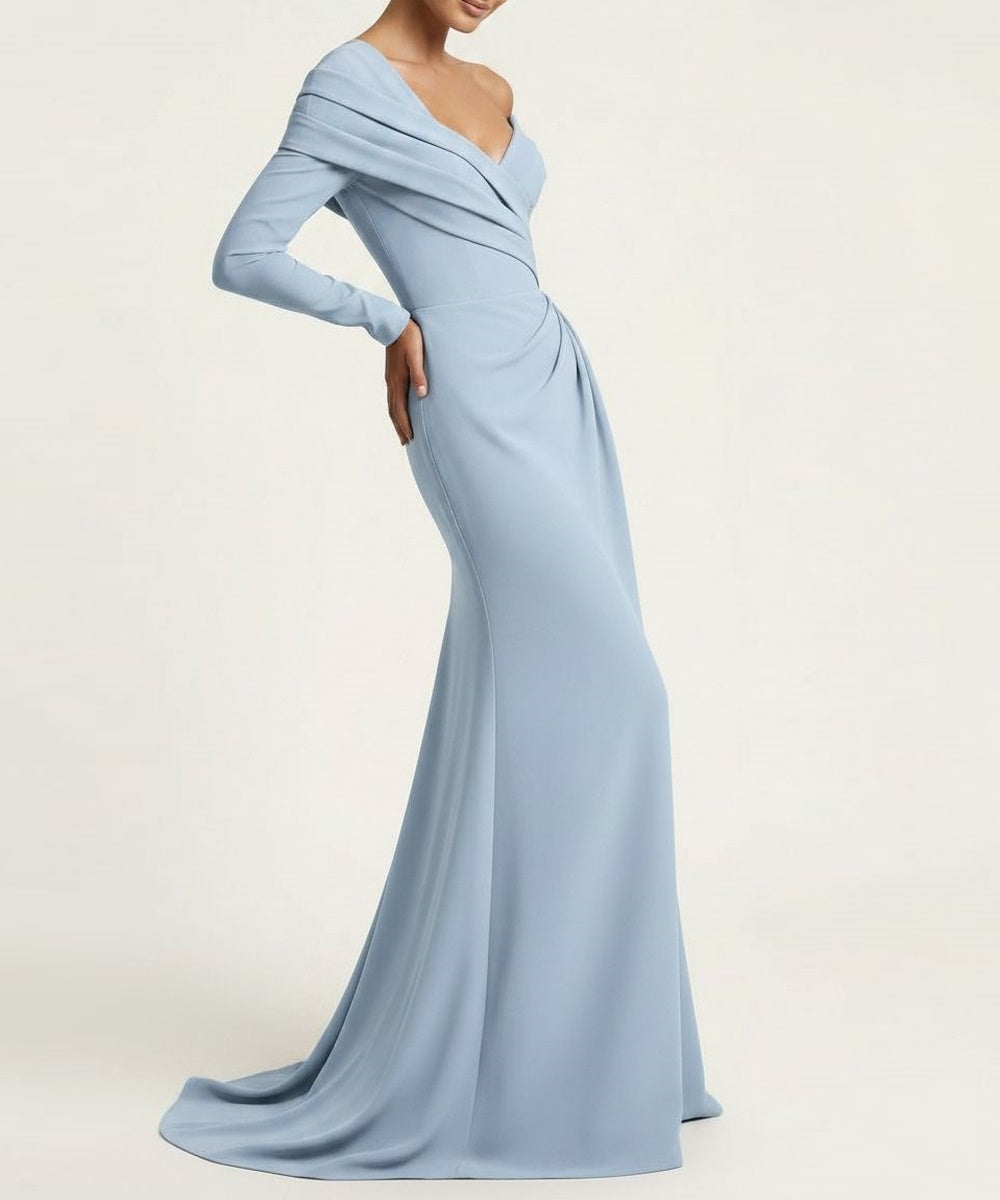 Dusty Blue Off Shoulder Cross Draped Long Sleeve Mermaid Evening Gown