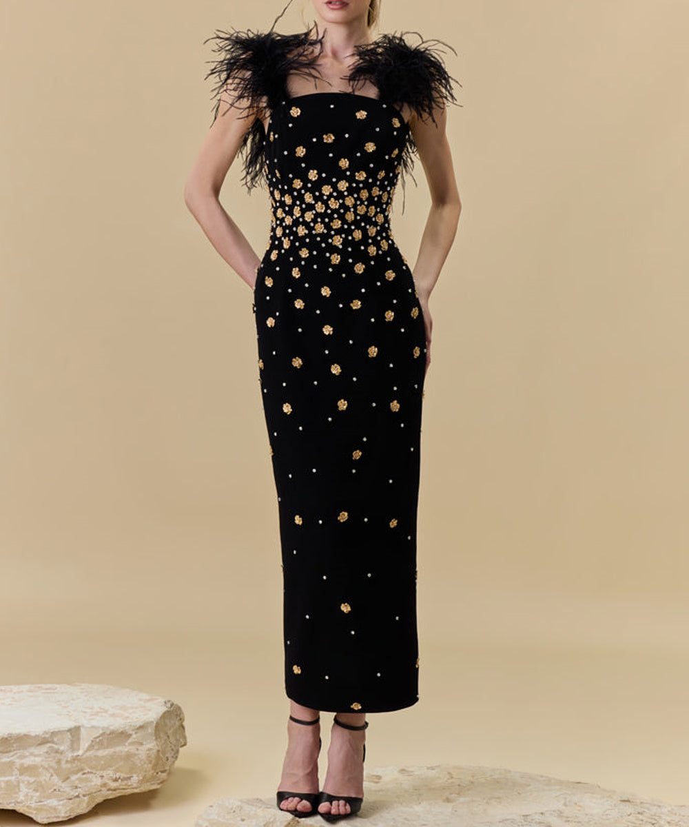 Feather Strap Gold Floral Beaded Midi Evening Dress