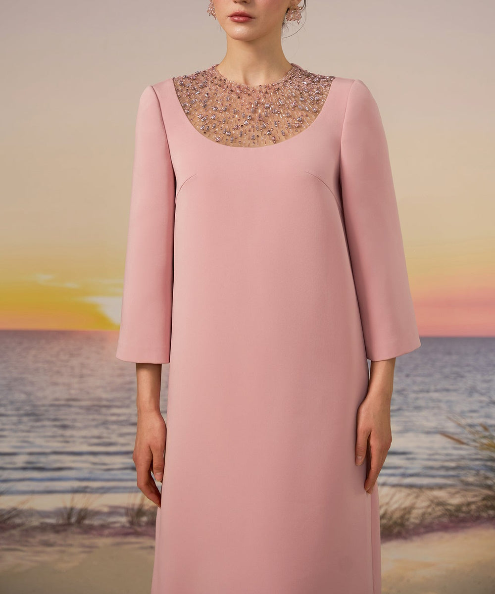 Dusty Pink Three Quarter Sleeve Beaded Mesh Neck Straight Maxi Evening Gown