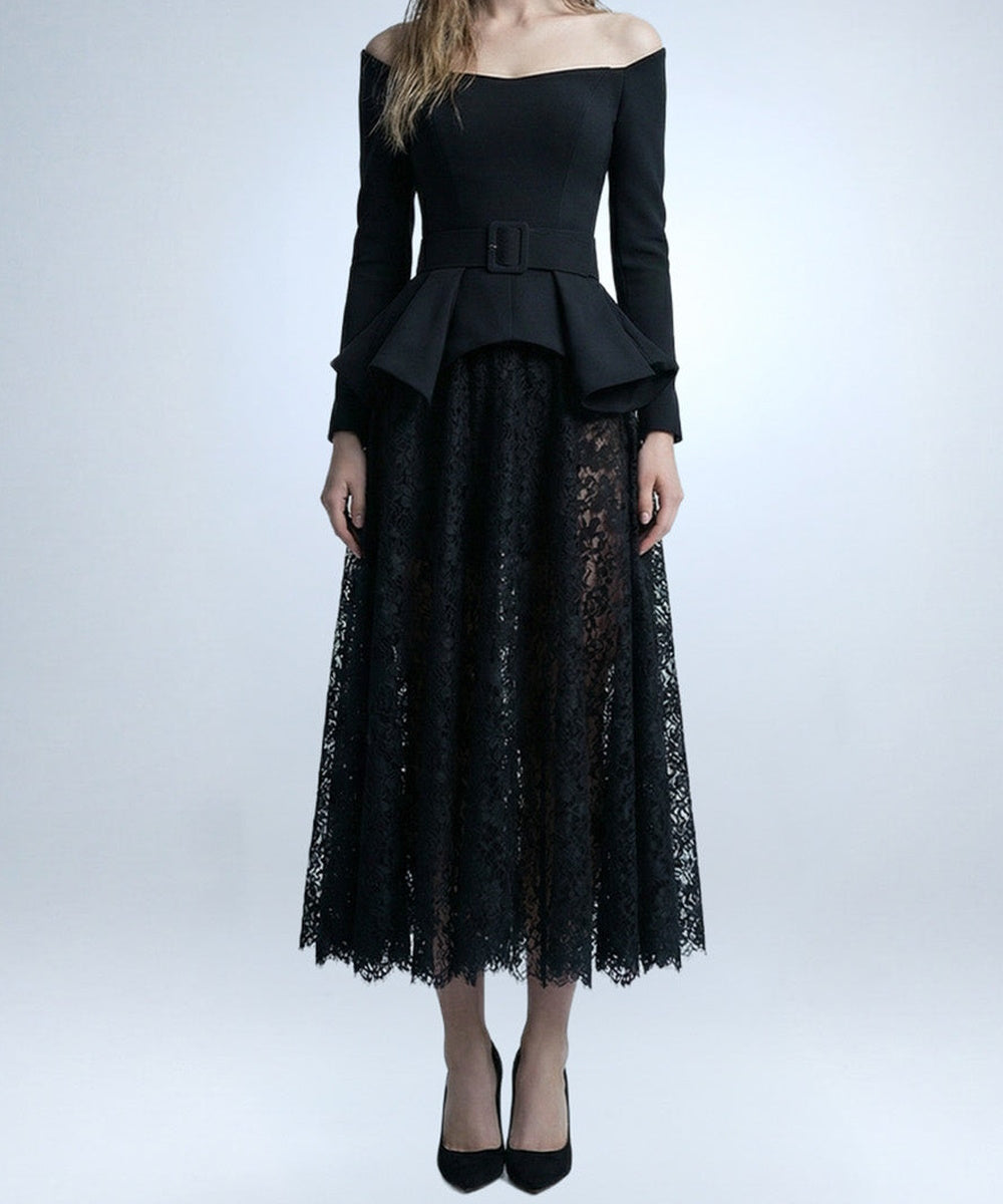 Off‑Shoulder Long Sleeve Peplum Midi Dress With Floral Lace Skirt & Belt