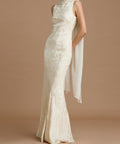 Cream Sleeveless Floral Jacquard Mermaid Maxi Evening Dress with Chiffon Neck Sash