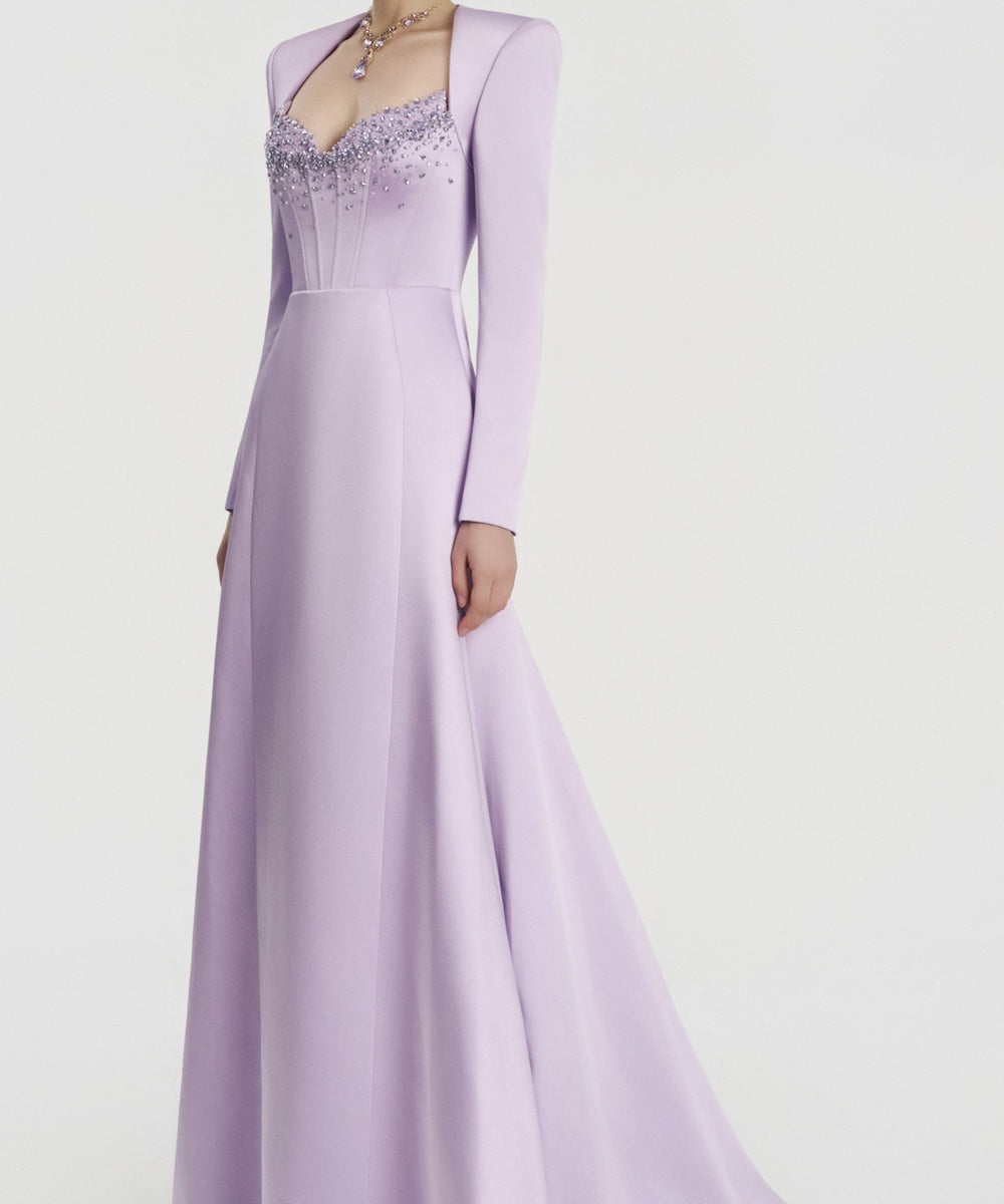 Lavender Long Sleeve Corset Beaded A-Line Formal Evening Gown