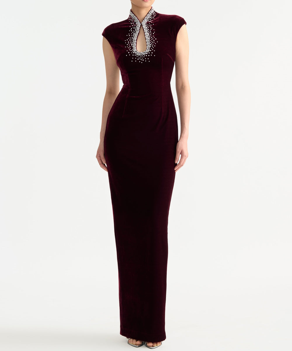 Burgundy Velvet Qipao Style Column Gown With Rhinestone Beaded Collar