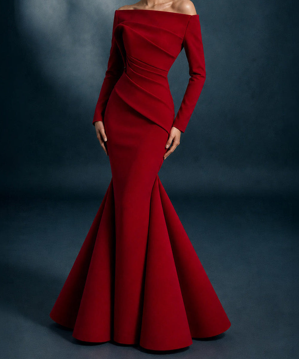 Red Off‑The‑Shoulder Long Sleeve Draped Mermaid Evening Gown