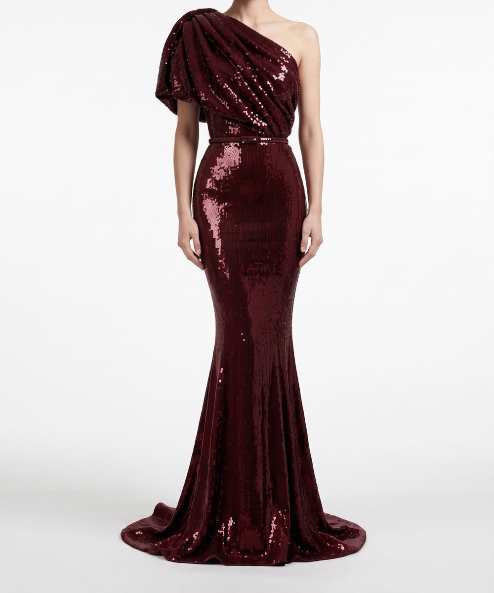 Burgundy One Shoulder Draped Sequin Mermaid Evening Gown