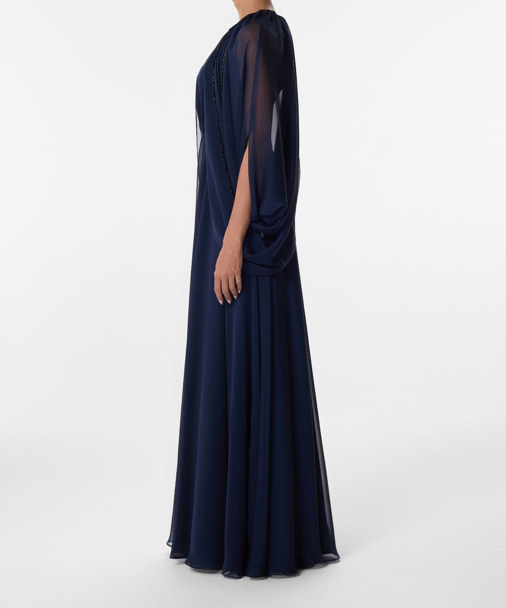 Navy Chiffon Cape Sleeve Beaded Neck Floor Length Formal Evening Gown