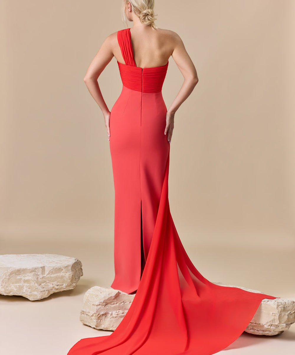 One Shoulder Red Mermaid Evening Gown With Draped Chiffon Train