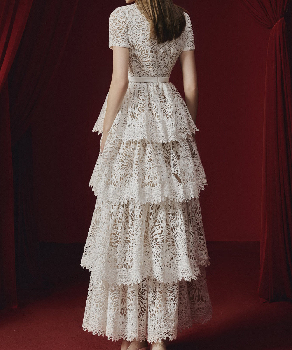 White Short Sleeve Tiered Lace Maxi Dress