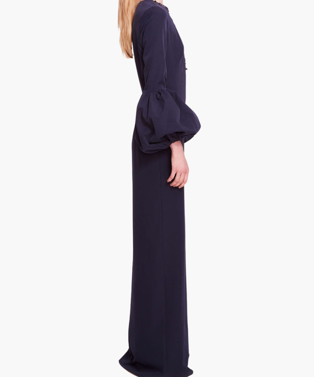 Navy Beaded Keyhole Column Gown With Puff Balloon Long Sleeves