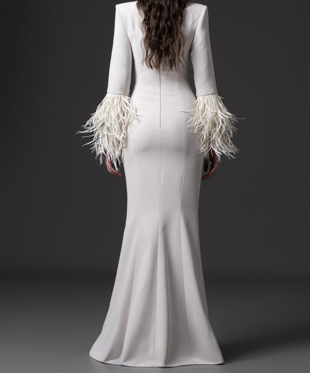 White High Neck Keyhole Front Feather Cuff Long Sleeve Mermaid Maxi Evening Gown