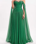 Green Off Shoulder Chiffon Evening Gown with Beaded Sweetheart Neck & Flowing Cape Sleeves