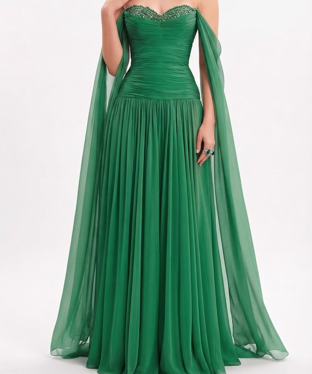 Green Off Shoulder Chiffon Evening Gown with Beaded Sweetheart Neck & Flowing Cape Sleeves