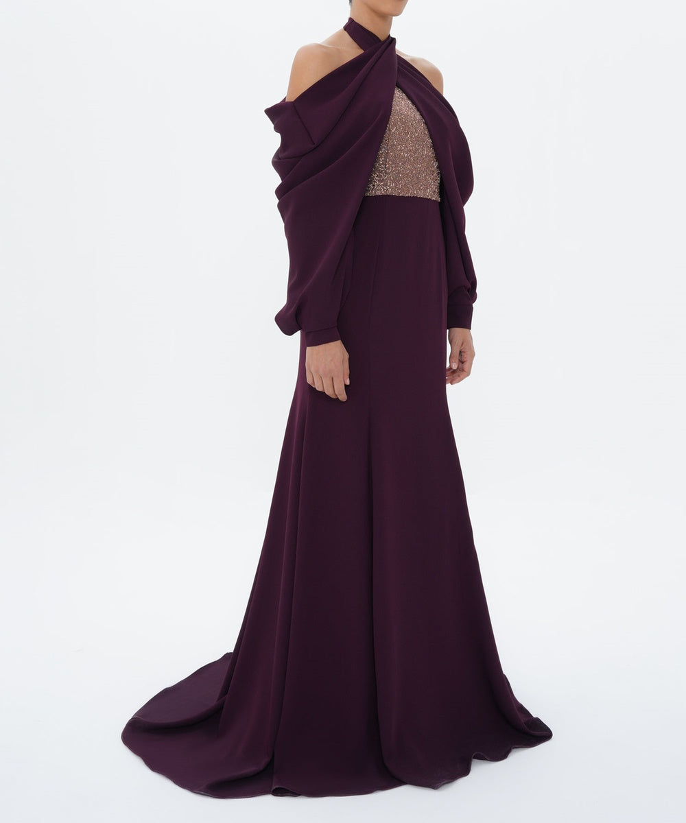Plum Halter Cross Neck Beaded Panel Draped Long Sleeve Mermaid Evening Gown