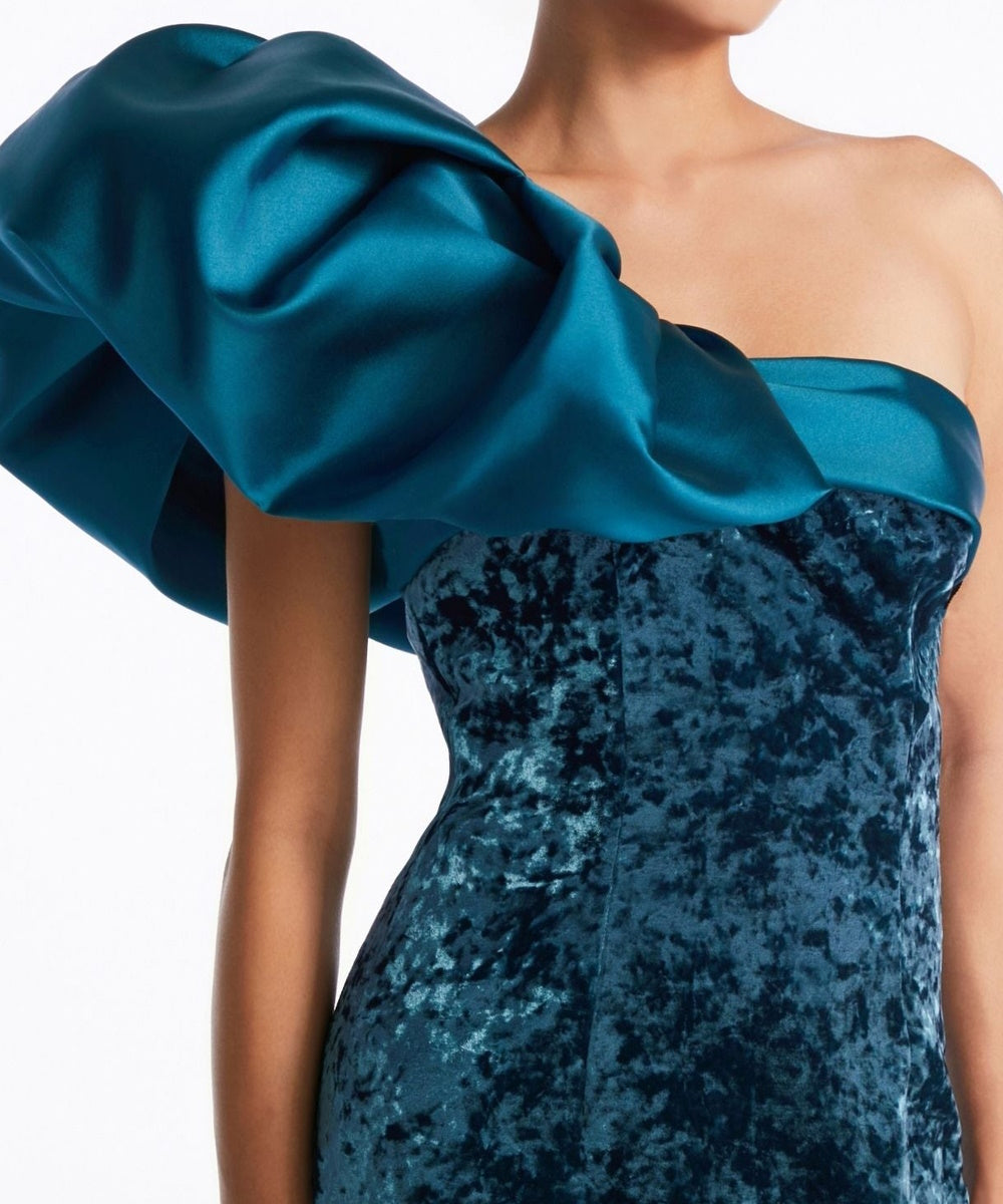 Teal Crushed Velvet One‑Shoulder Oversized Satin Bow Column Evening Gown