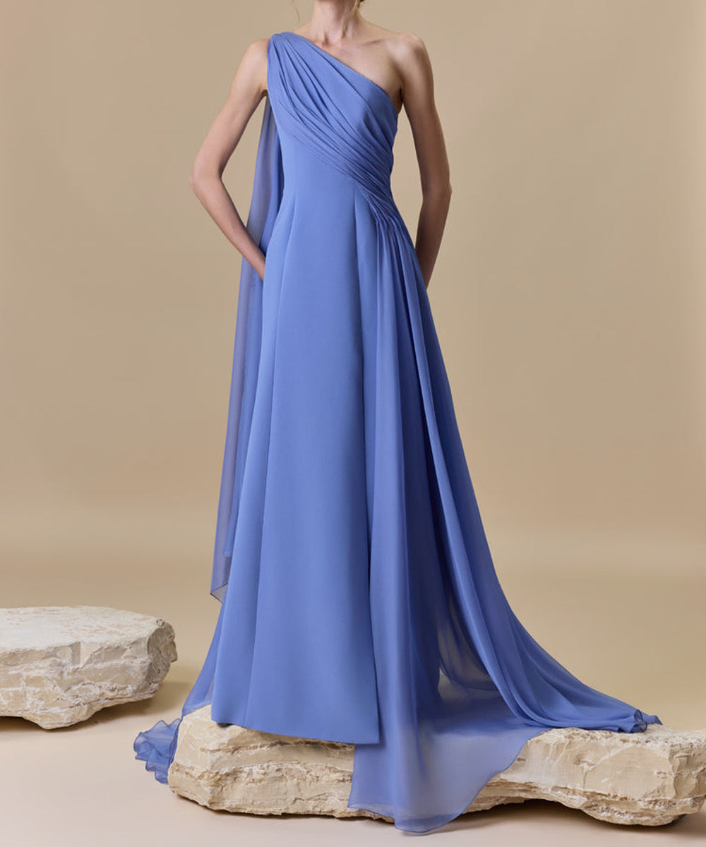 One Shoulder Draped Chiffon A-Line Evening Gown