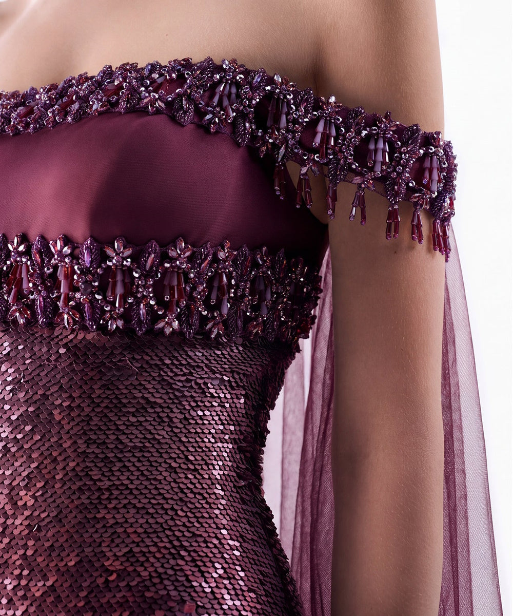 Plum Off Shoulder Sequin Mermaid Gown With Sheer Chiffon Cape Train