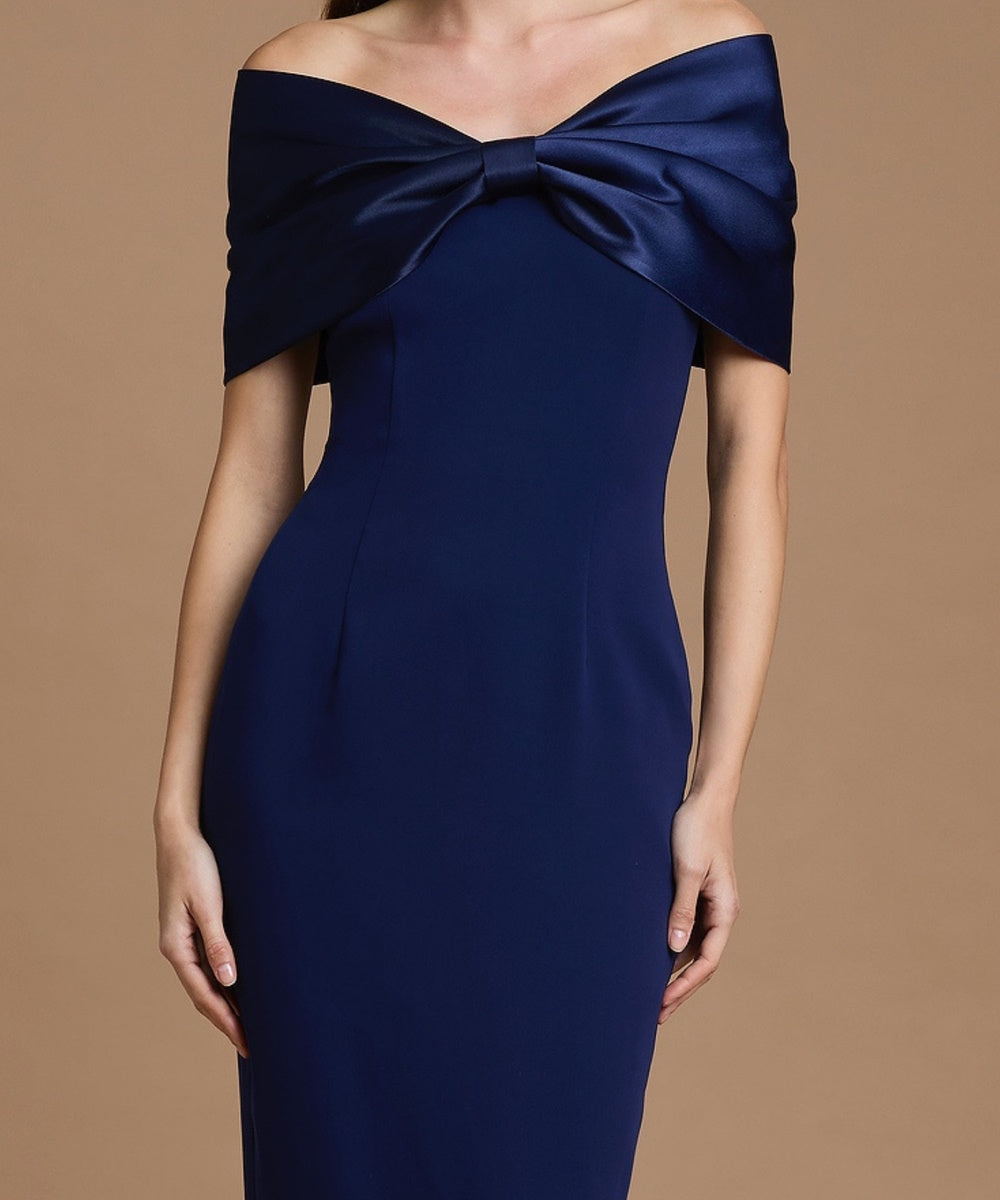 Navy Blue Off Shoulder Satin Bow Sheath Midi Evening Dress
