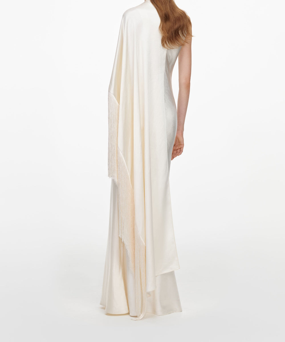 Ivory Satin High Neck Mermaid Gown with Fringe Cape Sleeve
