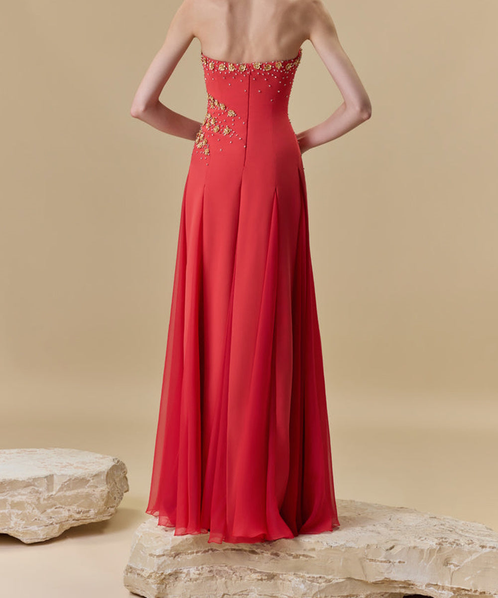 Strapless Sweetheart Red Chiffon Evening Gown With Gold Beading