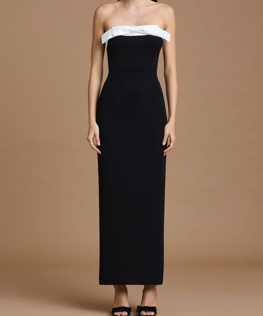 Black Strapless Sheath Maxi Evening Dress with White Bow Detail