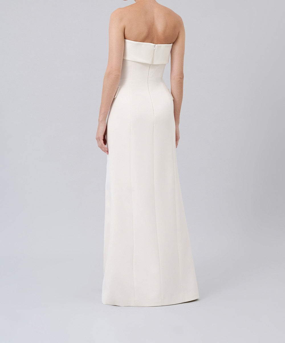 White Strapless Double Breasted Crepe Evening Gown With Crystal Buttons