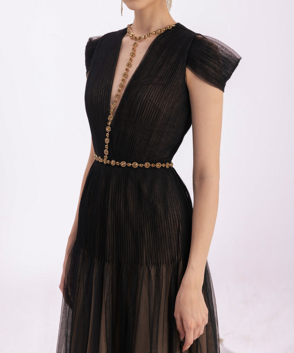 Black Pleated Tulle Deep V Gold Beaded A-Line Evening Gown
