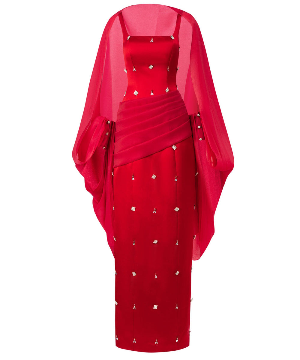 Red Square Neck Satin Midi Evening Dress With Flowy Chiffon Cape & Rhinestone Embellishment