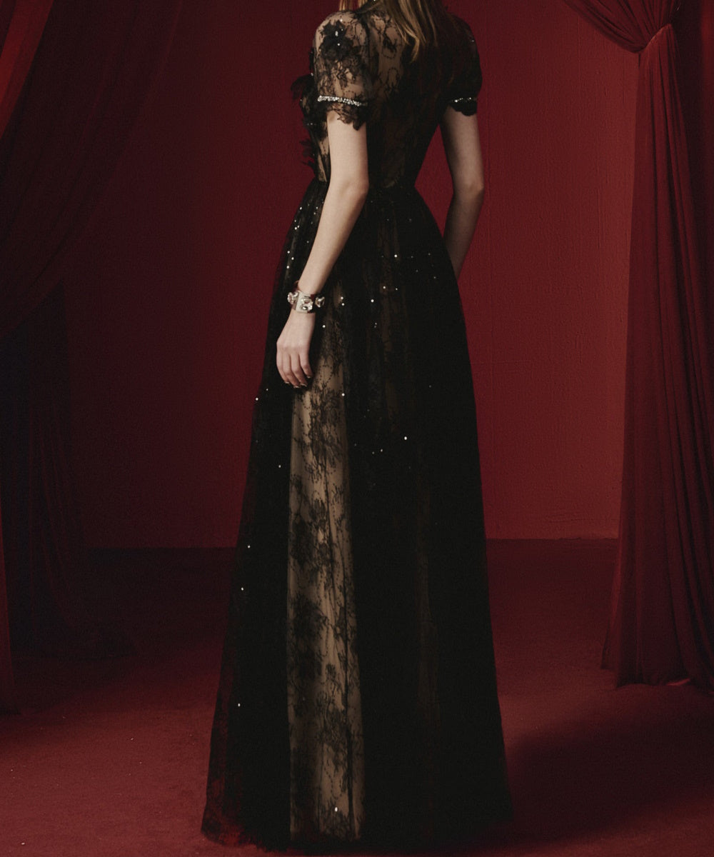 Black High Neck Puff Sleeve Lace Tulle Formal Maxi Dress