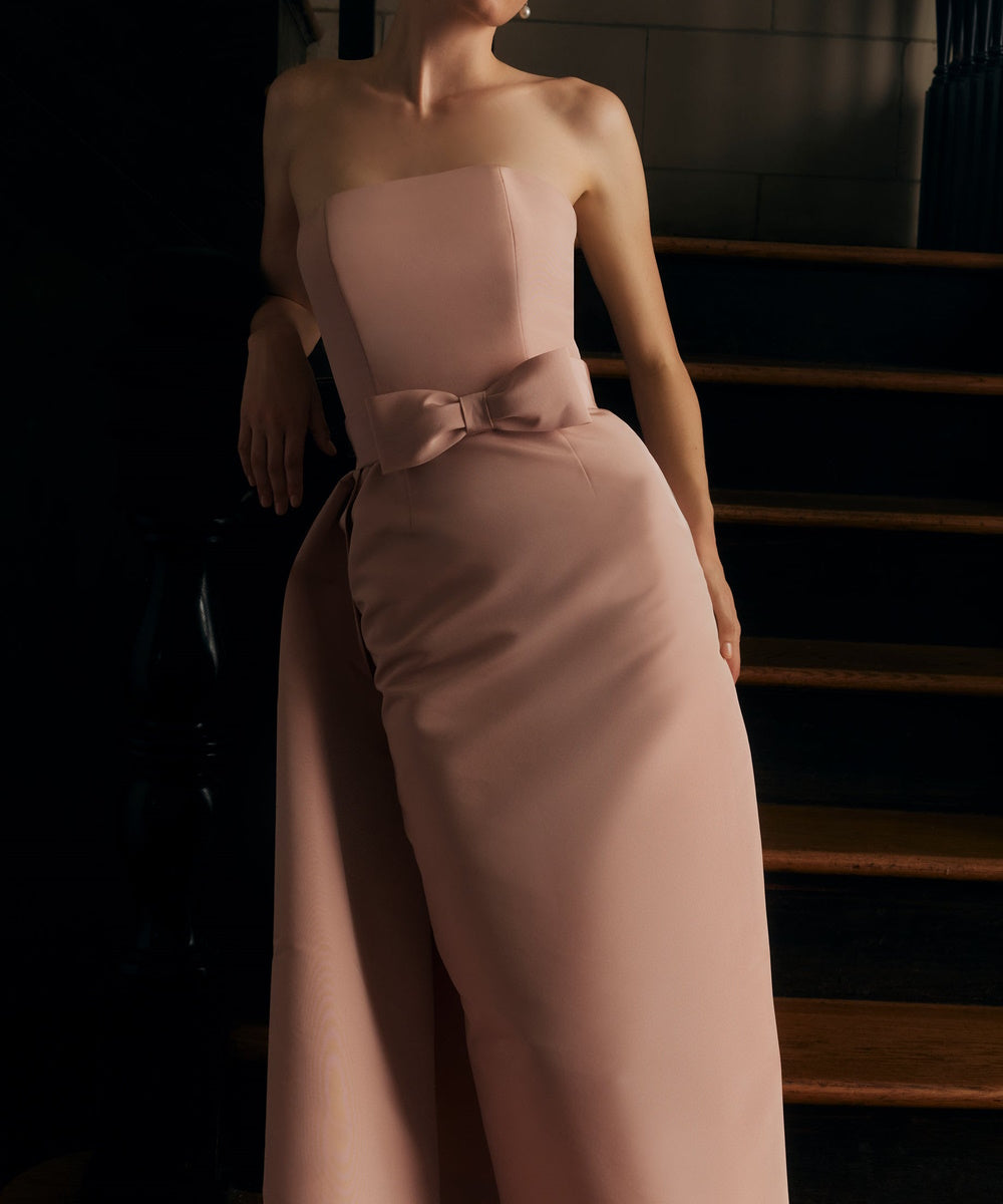 Blush Strapless Column Gown With Bow Sash And Overskirt Train