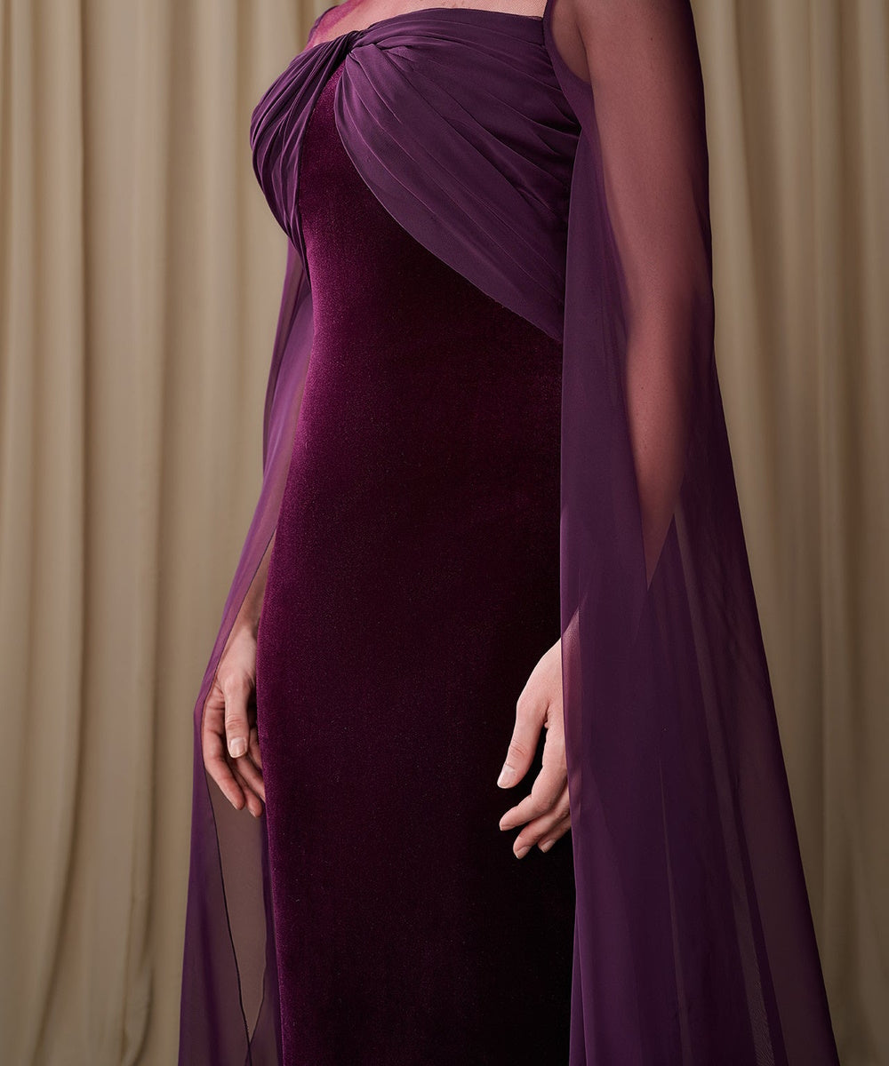 Dark Purple Velvet Mermaid Evening Gown With Flowing Chiffon Cape Sleeves